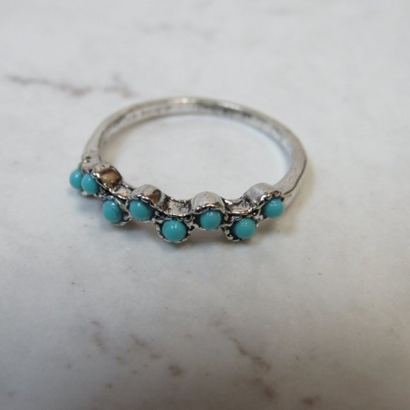 Turquoise Lined Silver Tone Ring Size 9 - Picture 2 of 7